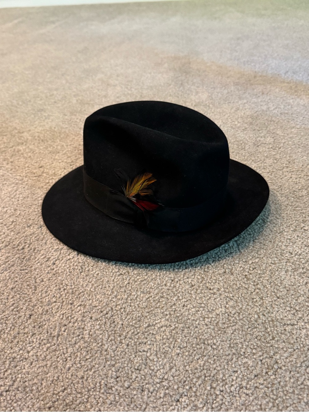 Vtg Stetson The Sovereign Black Felt Fedora Hat Feather Sz 56 7 EUC